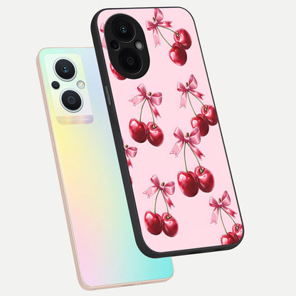  Red Cherries Pattern phone case For Oppo F21 Pro 5G showing premium glass back cover with detailed artwork