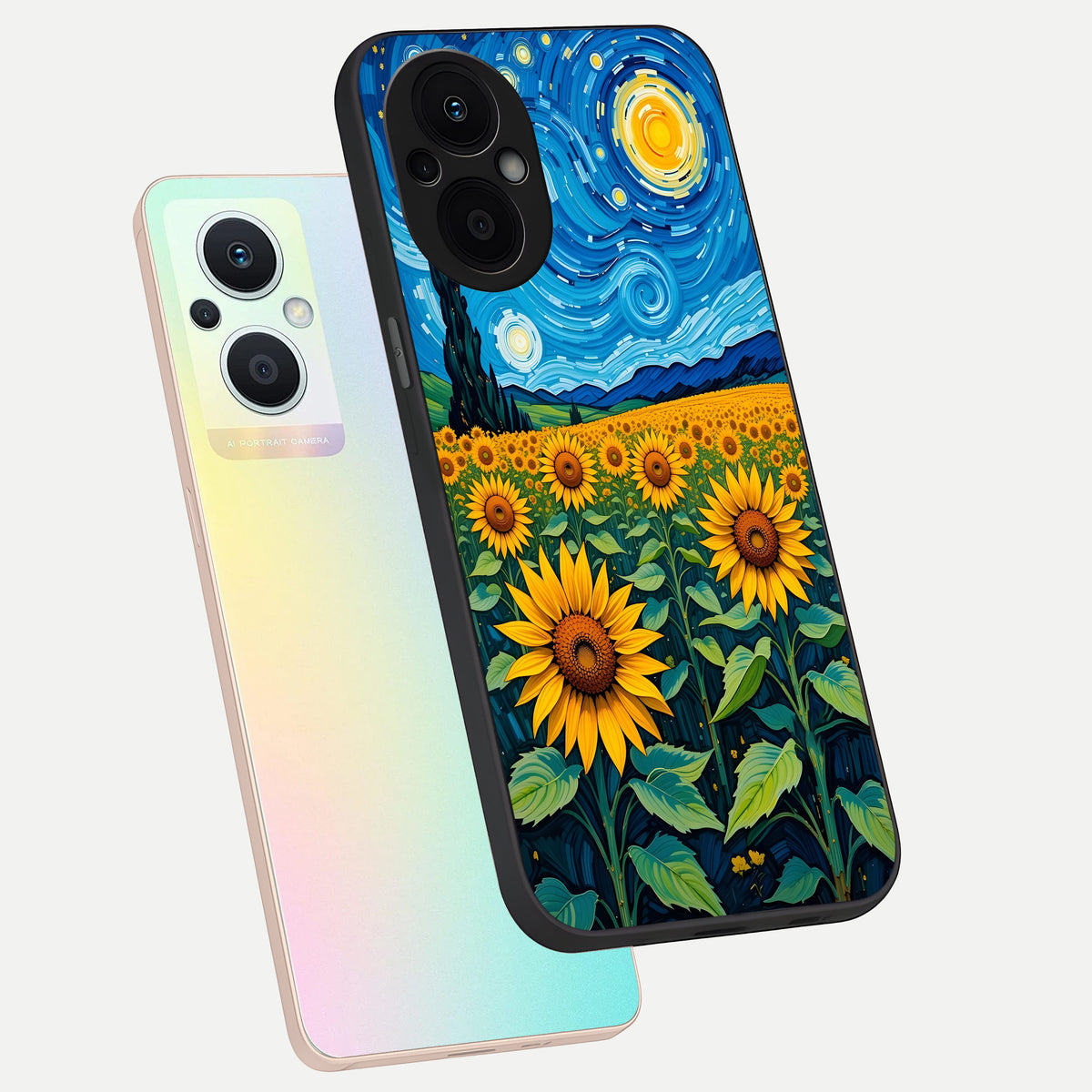  Starry Sunflower Dreams phone case For Oppo F21 Pro 5G showing premium glass back cover with detailed artwork