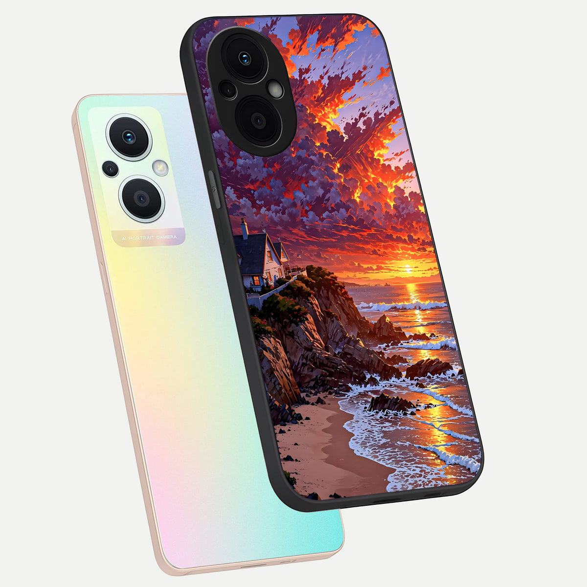  Sunset House By Sea phone case For Oppo F21 Pro 5G showing premium glass back cover with detailed artwork