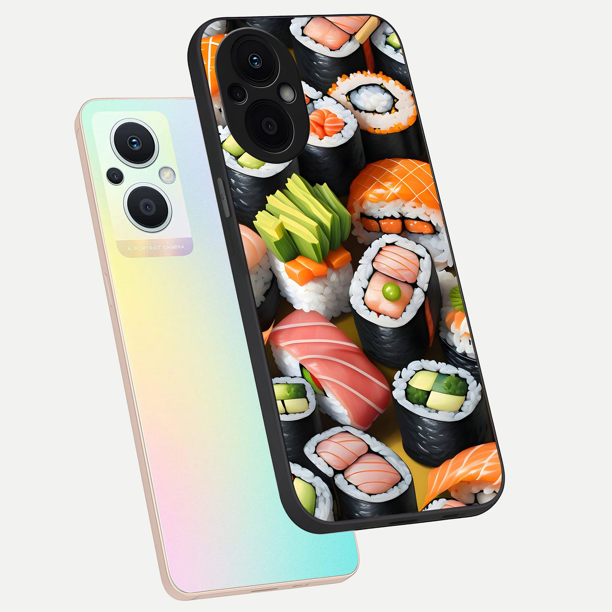  Sushi Food Pattern phone case For Oppo F21 Pro 5G showing premium glass back cover with detailed artwork