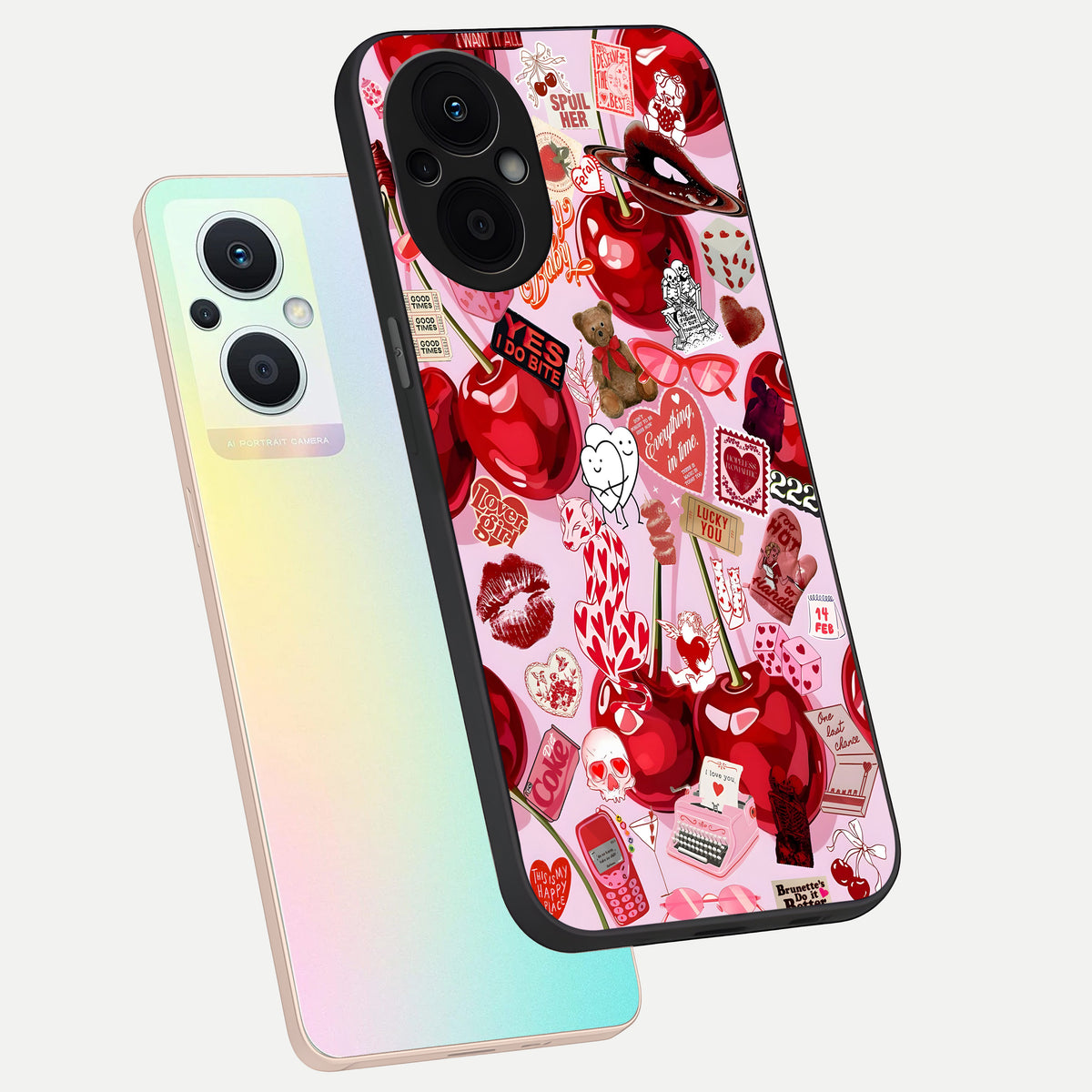  Sweet Cherry Chaos phone case For Oppo F21 Pro 5G showing premium glass back cover with detailed artwork