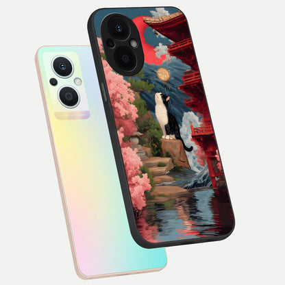  Temple Cat Scenery phone case For Oppo F21 Pro 5G showing premium glass back cover with detailed artwork