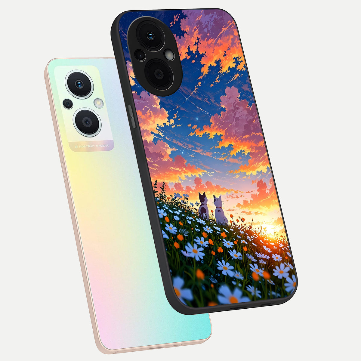  Two Cats Friends phone case For Oppo F21 Pro 5G showing premium glass back cover with detailed artwork