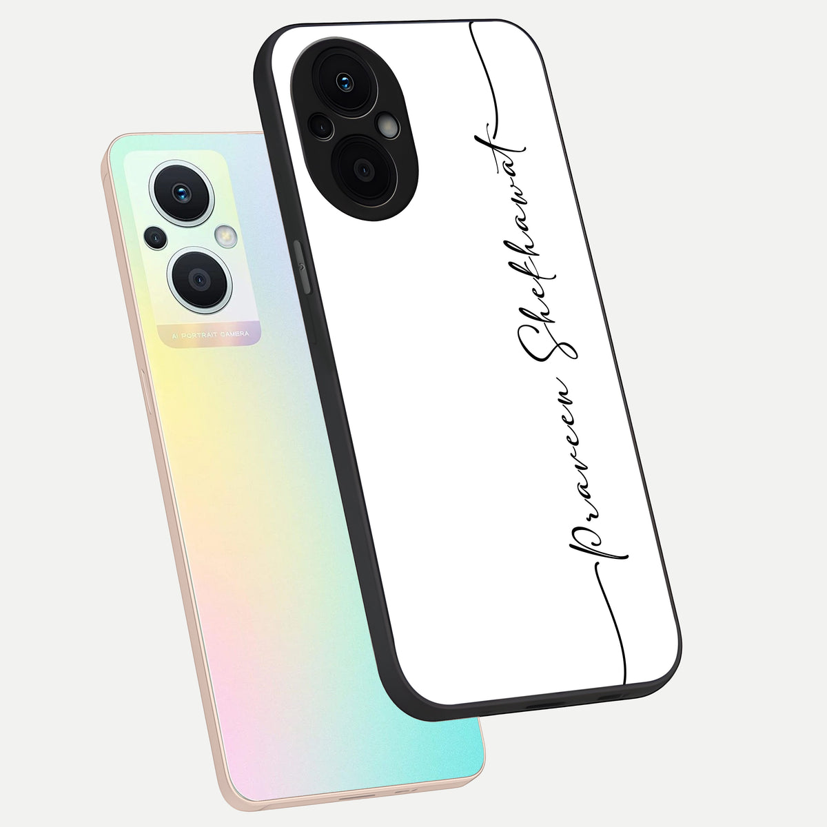  White Tune Custom Name phone case For Oppo F21 Pro 5G showing premium custom name glass back cover