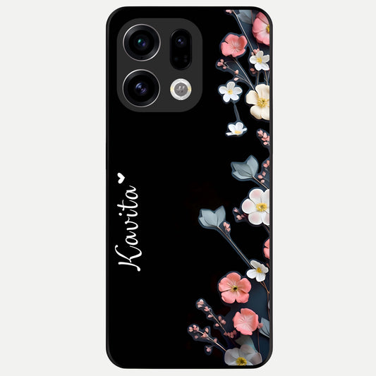  Black Elegance Floral Custom Name Glass Case For Oppo Find X9 back cover – full design glossy printed glass finish