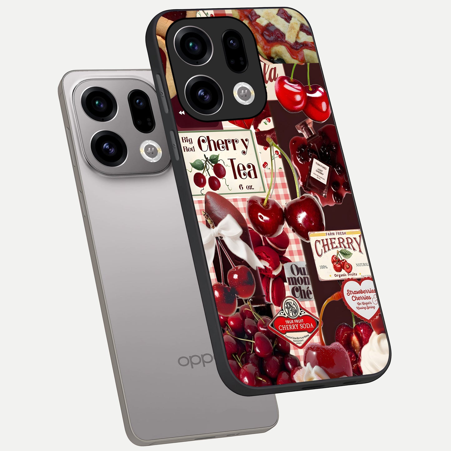  Aesthetic Cherry Tea phone case For Oppo Find X9 showing premium glass back cover with detailed artwork