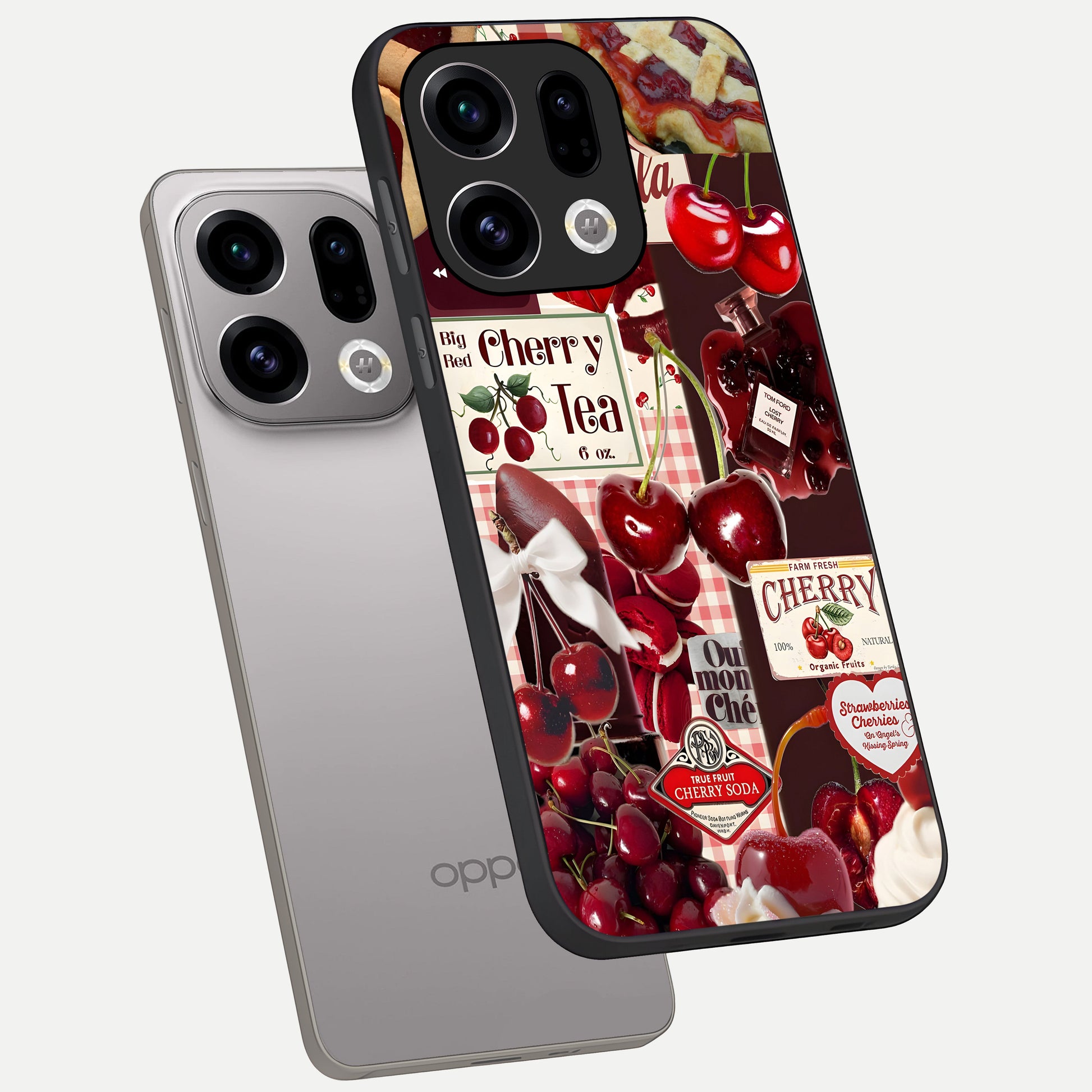  Aesthetic Cherry Tea phone case For Oppo Find X9 showing premium glass back cover with detailed artwork