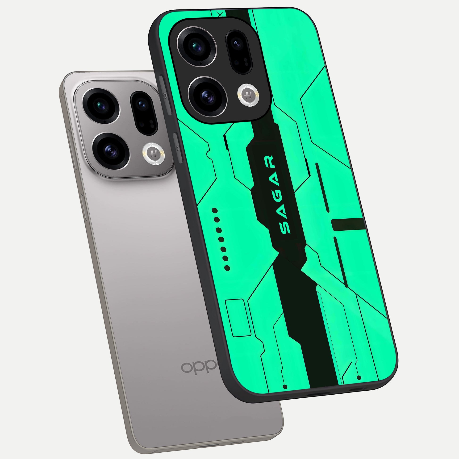  Aqua Tech CYBERPUNK Custom Name phone case For Oppo Find X9 showing premium glass back cover with detailed artwork