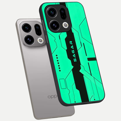  Aqua Tech CYBERPUNK Custom Name phone case For Oppo Find X9 showing premium glass back cover with detailed artwork