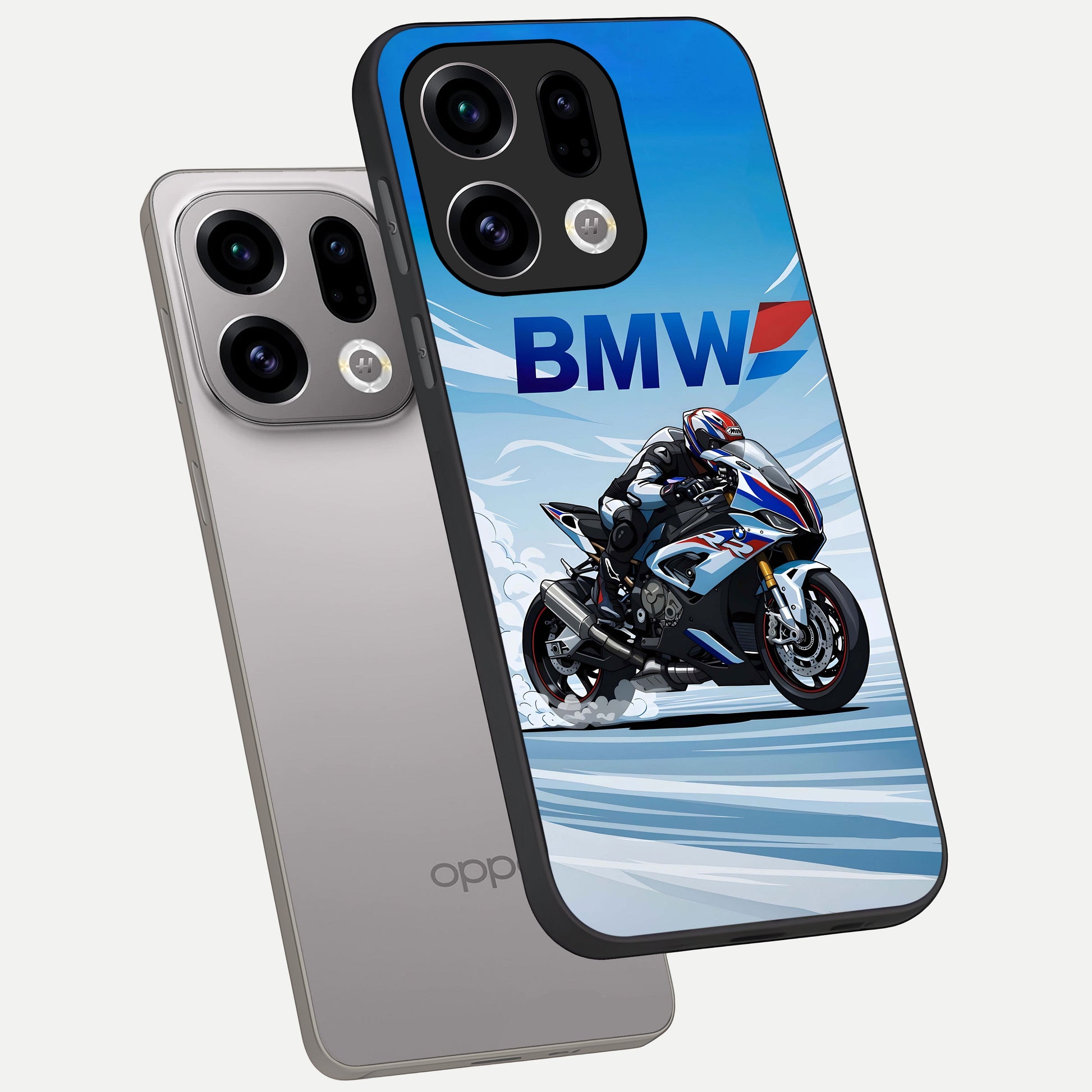  BMW Power Drift phone case For Oppo Find X9 showing premium glass back cover with detailed artwork