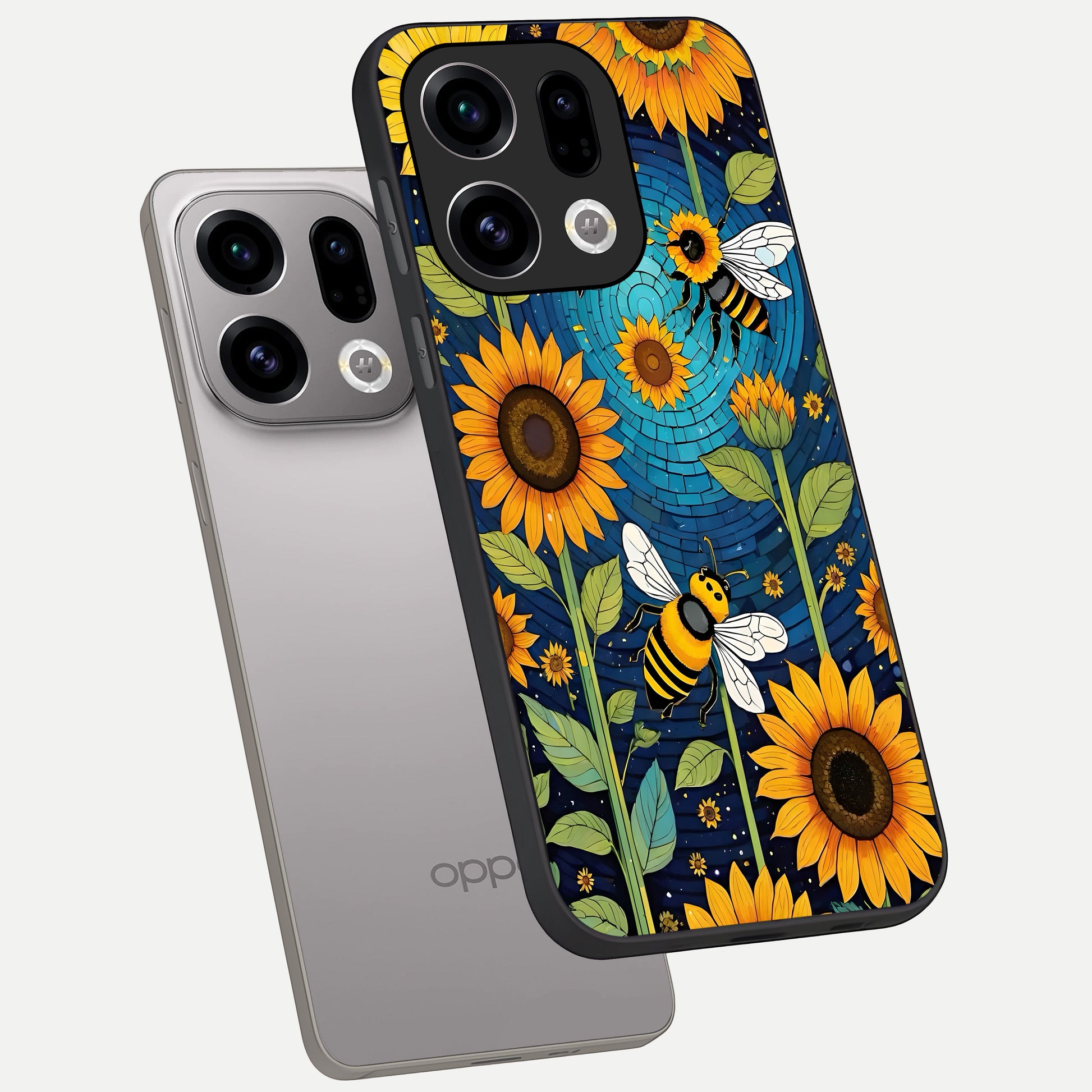  Bees And Sunflowers phone case For Oppo Find X9 showing premium glass back cover with detailed artwork