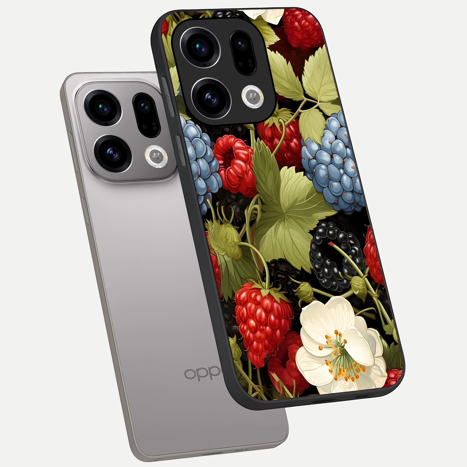  Berry Bloom Charm phone case For Oppo Find X9 showing premium glass back cover with detailed artwork