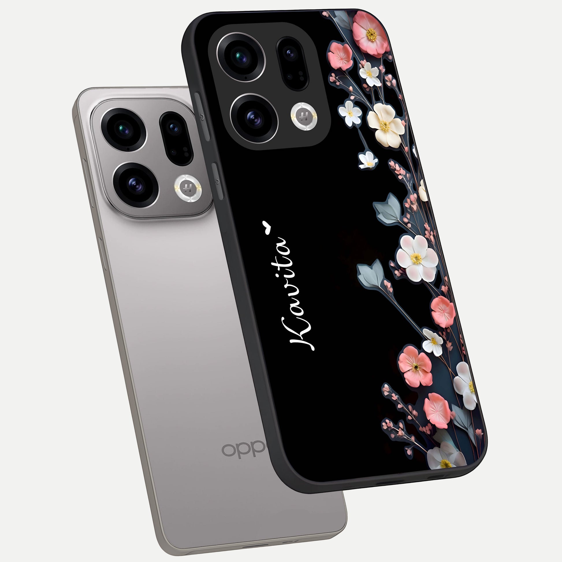  Black Elegance Floral Custom Name phone case For Oppo Find X9 showing premium glass back cover with detailed artwork