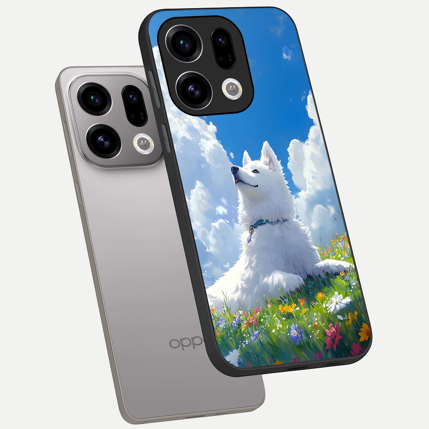  Blissful Cloud Pup phone case For Oppo Find X9 showing premium glass back cover with detailed artwork