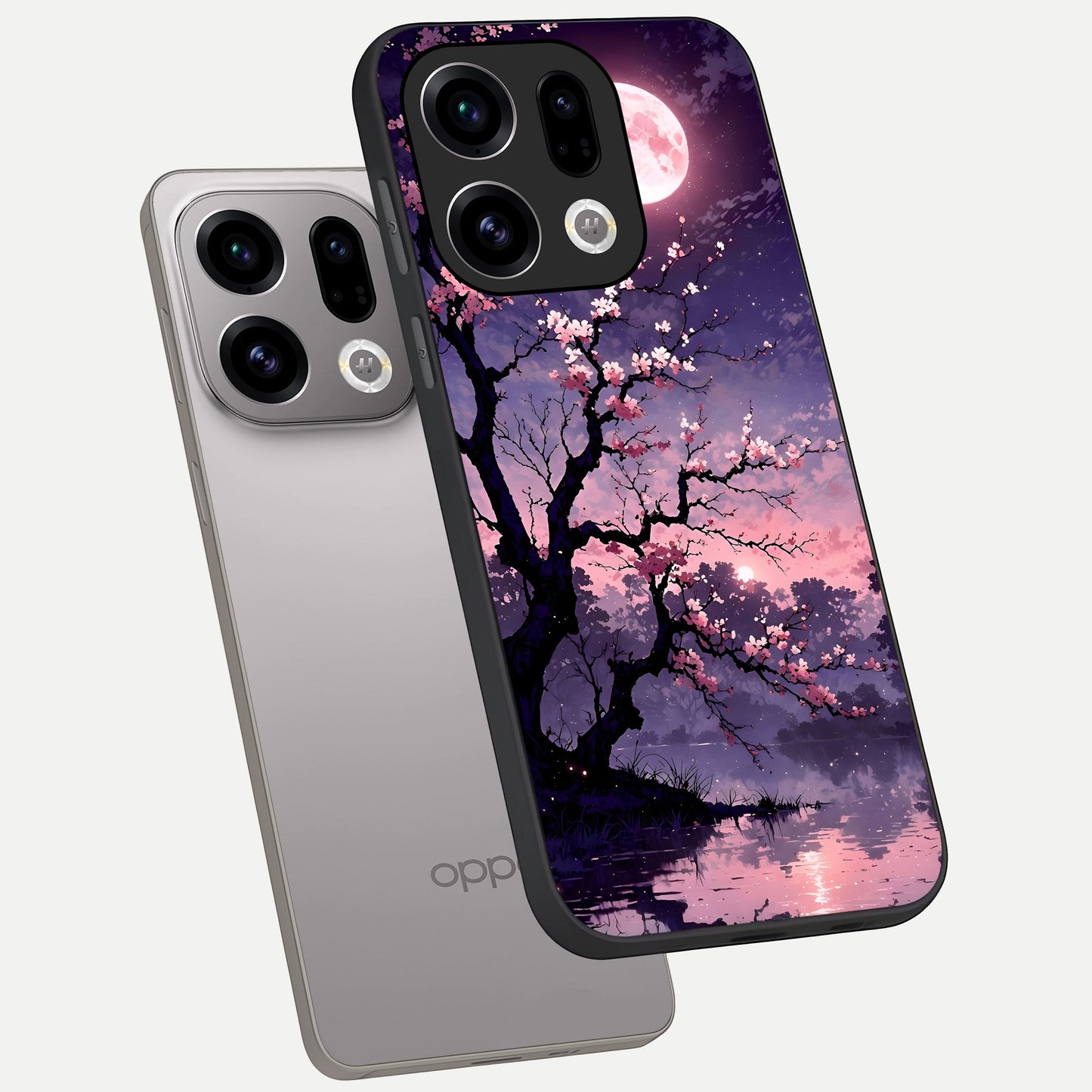  Blossom Pink Moon phone case For Oppo Find X9 showing premium glass back cover with detailed artwork