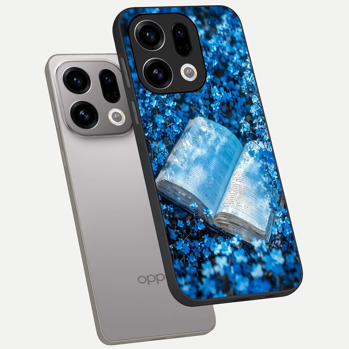  Blue Bloom Tales phone case For Oppo Find X9 showing premium glass back cover with detailed artwork