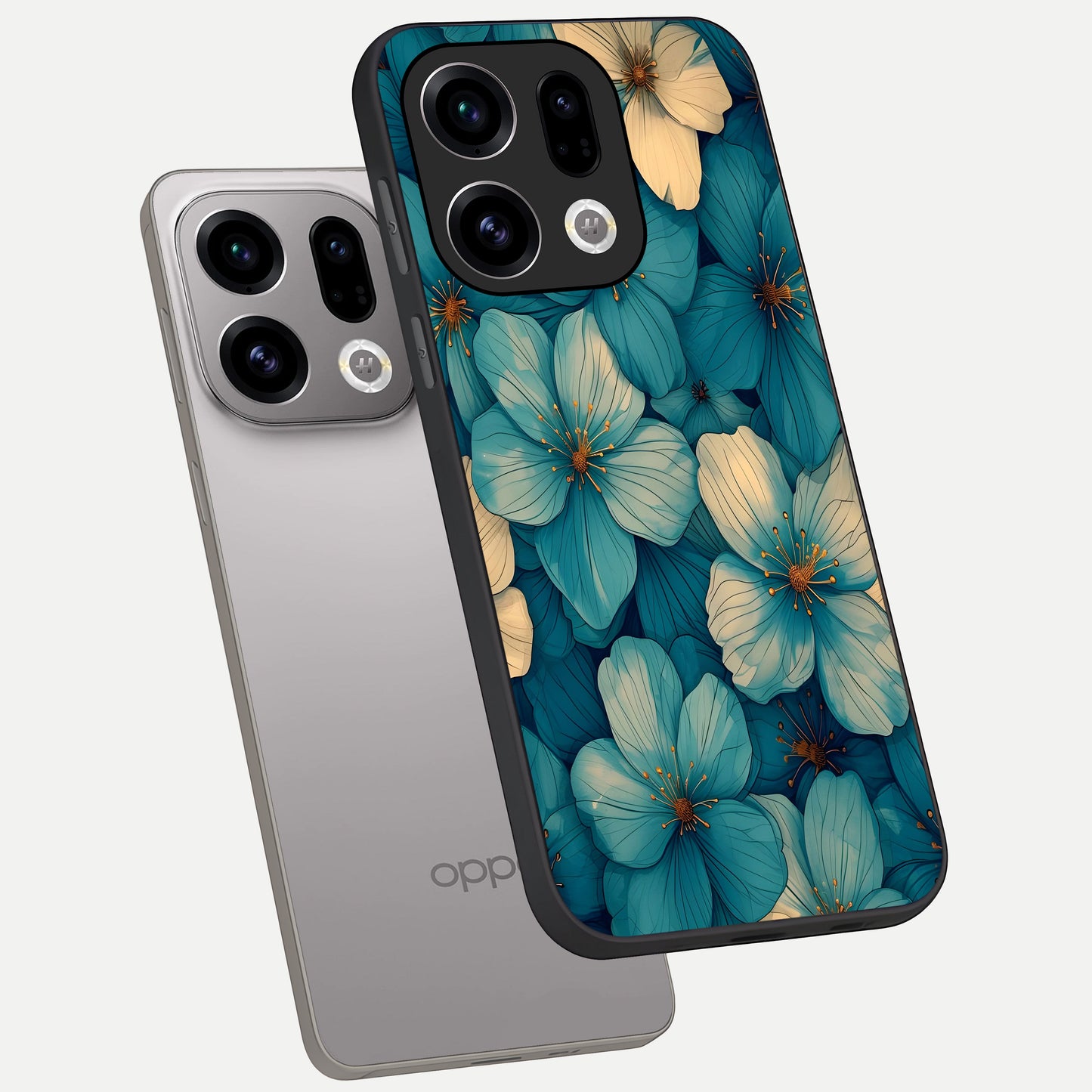  Blue Shade Floral phone case For Oppo Find X9 showing premium glass back cover with detailed artwork