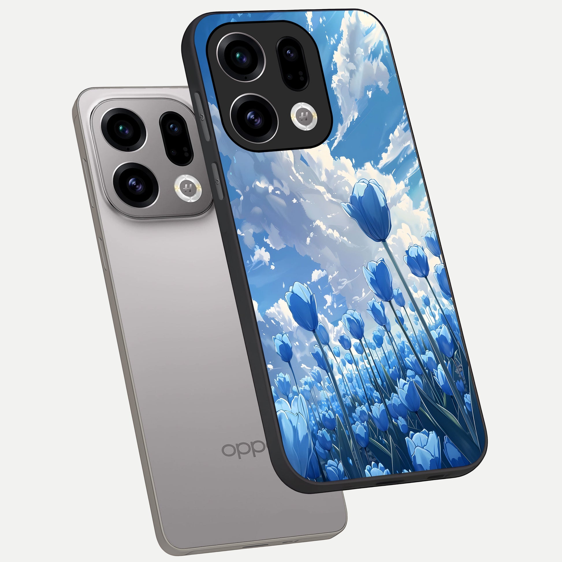 Blue Tulip Clouds phone case For Oppo Find X9 showing premium glass back cover with detailed artwork
