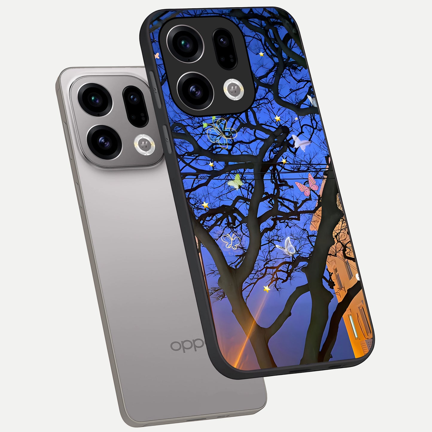  Butterfly Night Magic phone case For Oppo Find X9 showing premium glass back cover with detailed artwork