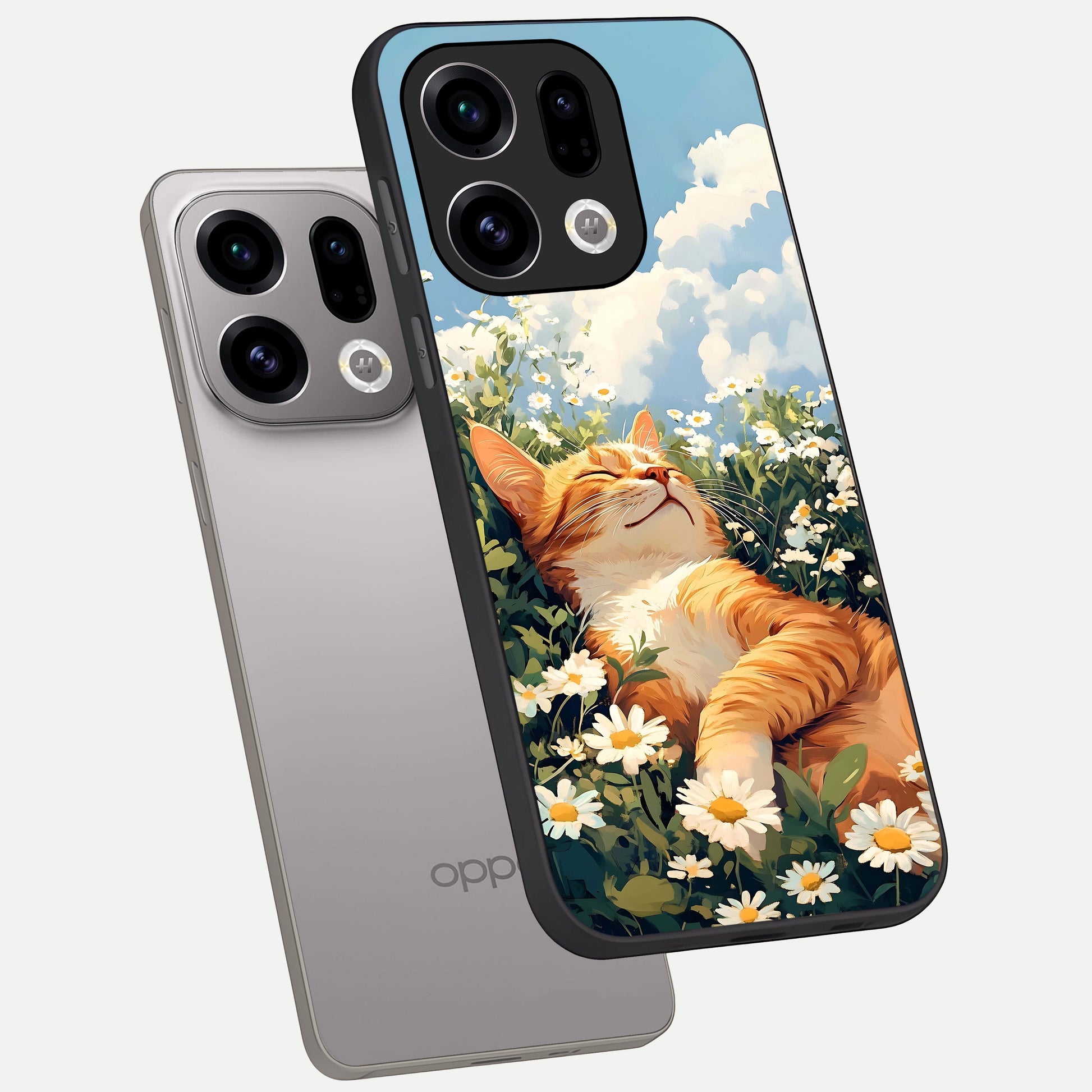  Cat And Flowers View phone case For Oppo Find X9 showing premium glass back cover with detailed artwork