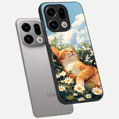  Cat And Flowers View phone case For Oppo Find X9 showing premium glass back cover with detailed artwork