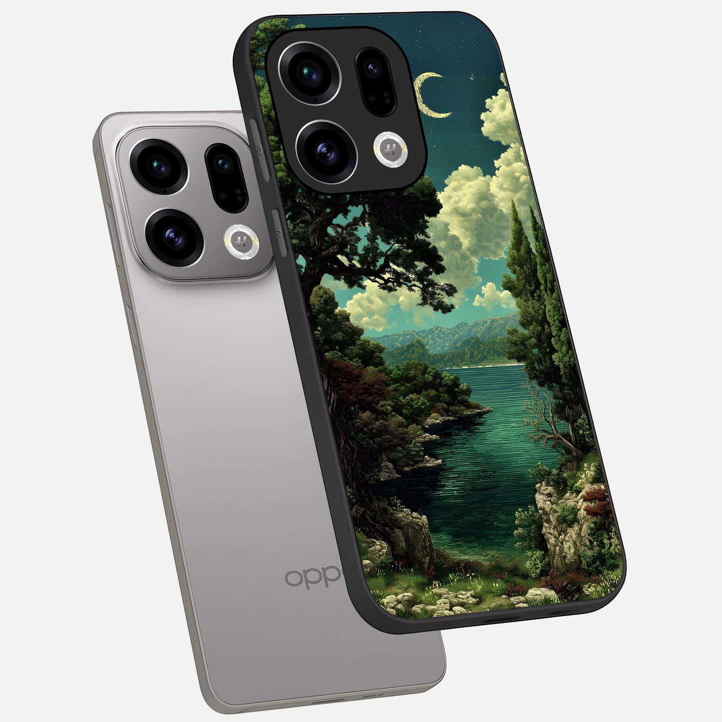  Celestial Lake Peace phone case For Oppo Find X9 showing premium glass back cover with detailed artwork
