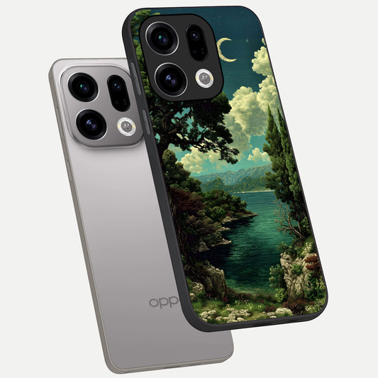  Celestial Lake Peace phone case For Oppo Find X9 showing premium glass back cover with detailed artwork