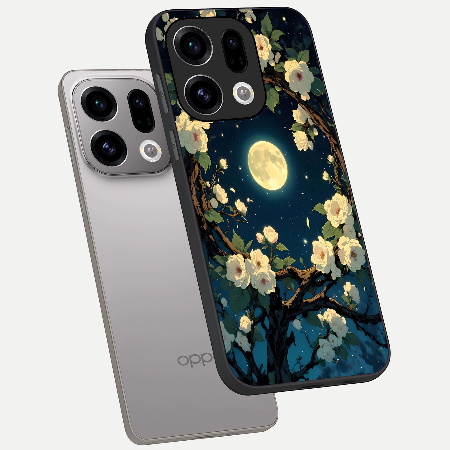  Celestial Moon And Flower phone case For Oppo Find X9 showing premium glass back cover with detailed artwork