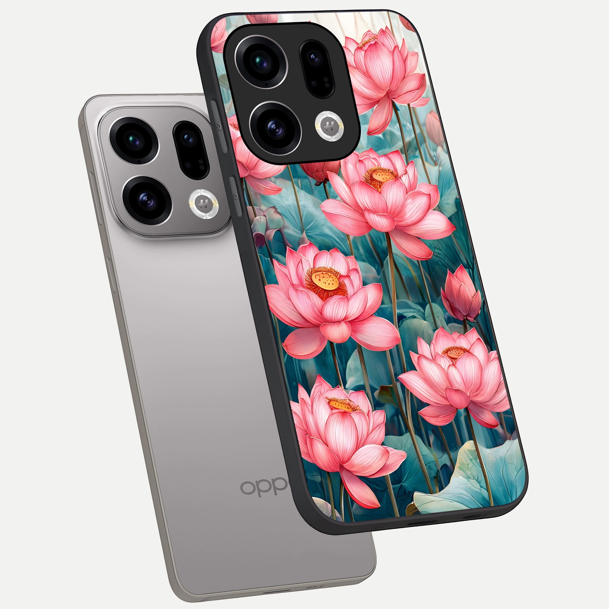  Celestial Pink Lotus phone case For Oppo Find X9 showing premium glass back cover with detailed artwork