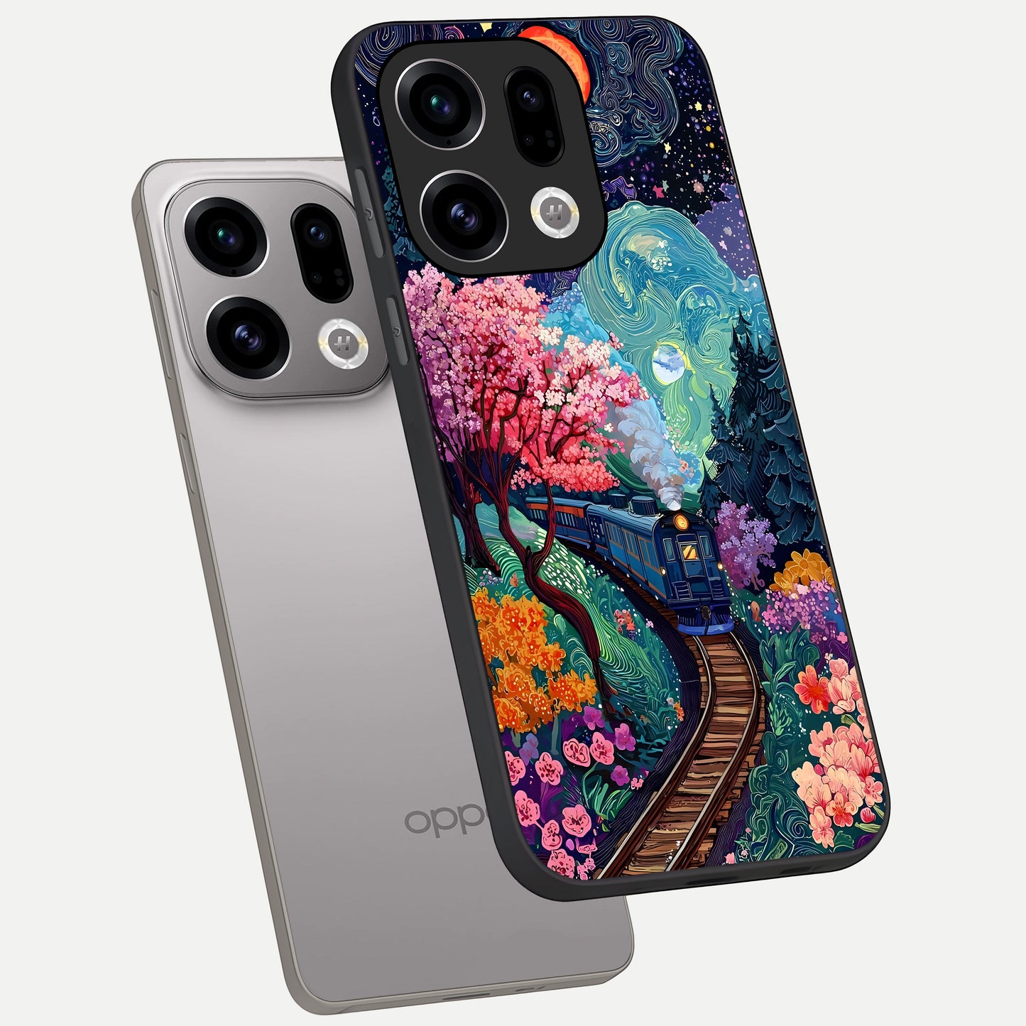  Celestial Train Journey phone case For Oppo Find X9 showing premium glass back cover with detailed artwork