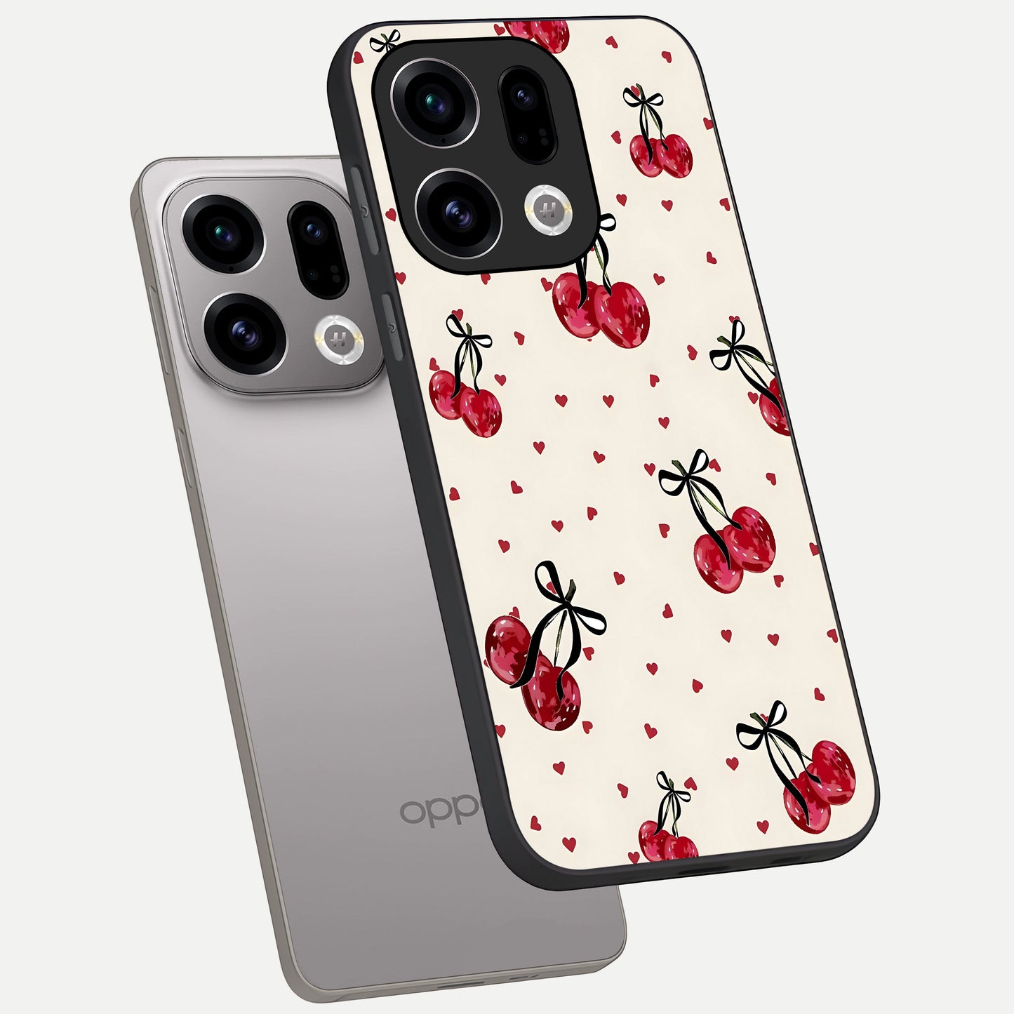  Cherry Heart Bow phone case For Oppo Find X9 showing premium glass back cover with detailed artwork