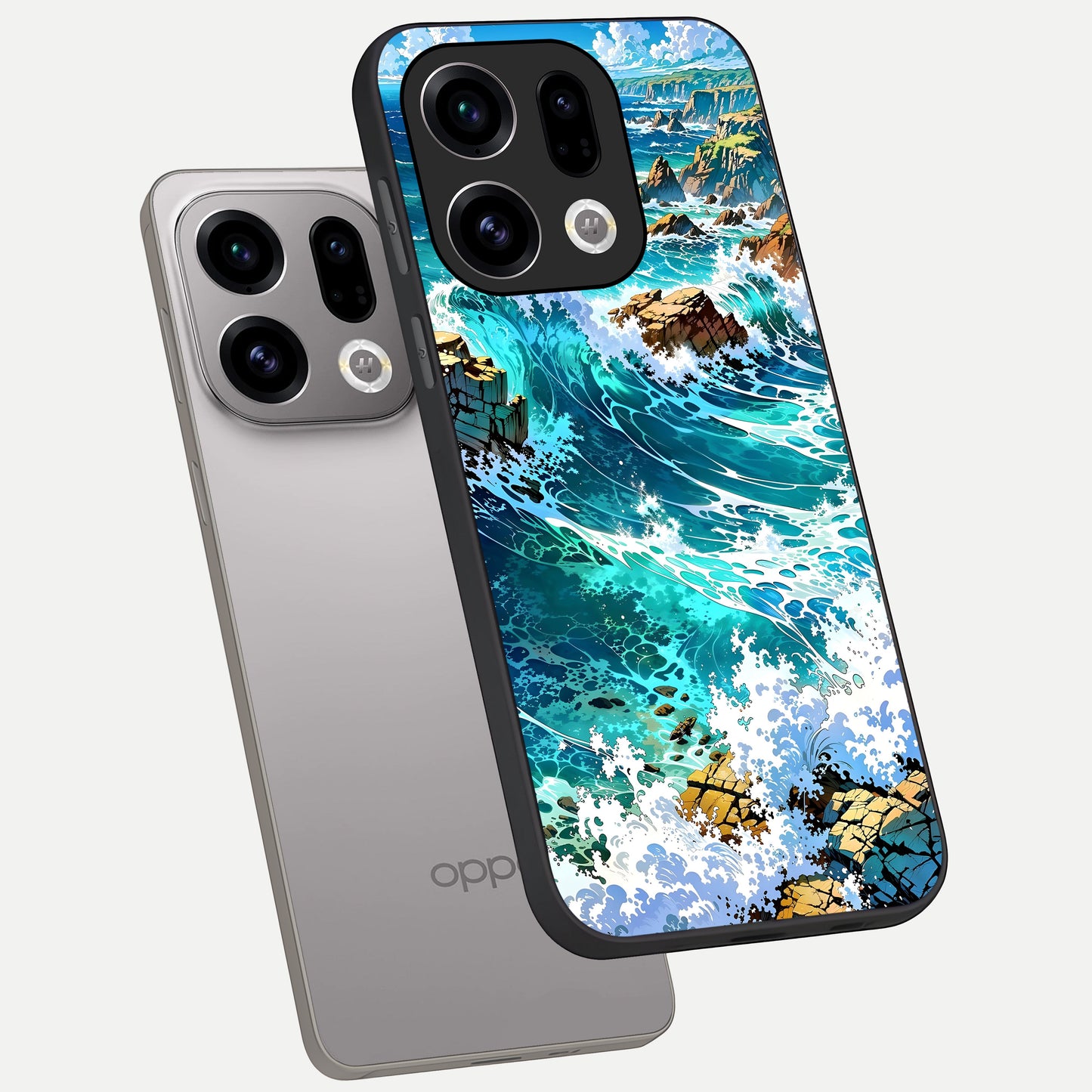  Coastal Blue Waves phone case For Oppo Find X9 showing premium glass back cover with detailed artwork