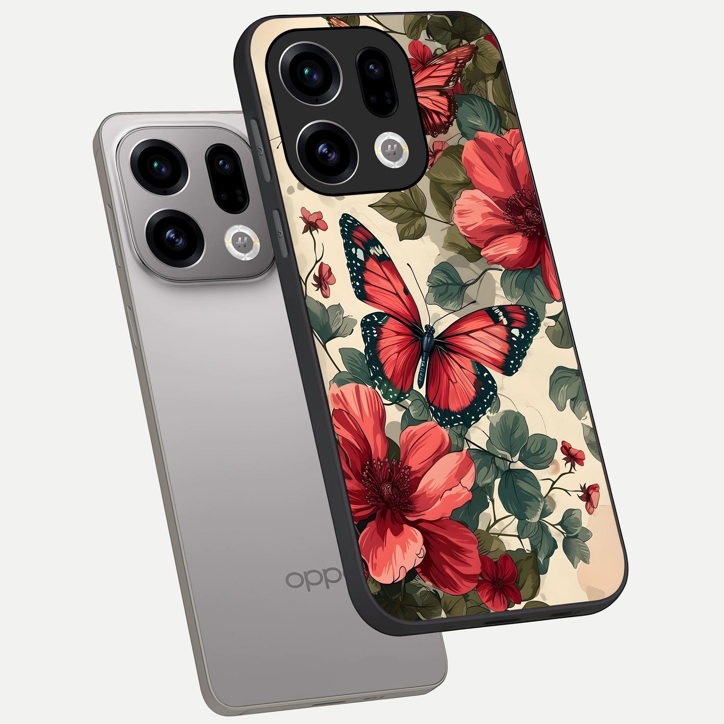  Crimson Butterfly Garden phone case For Oppo Find X9 showing premium glass back cover with detailed artwork