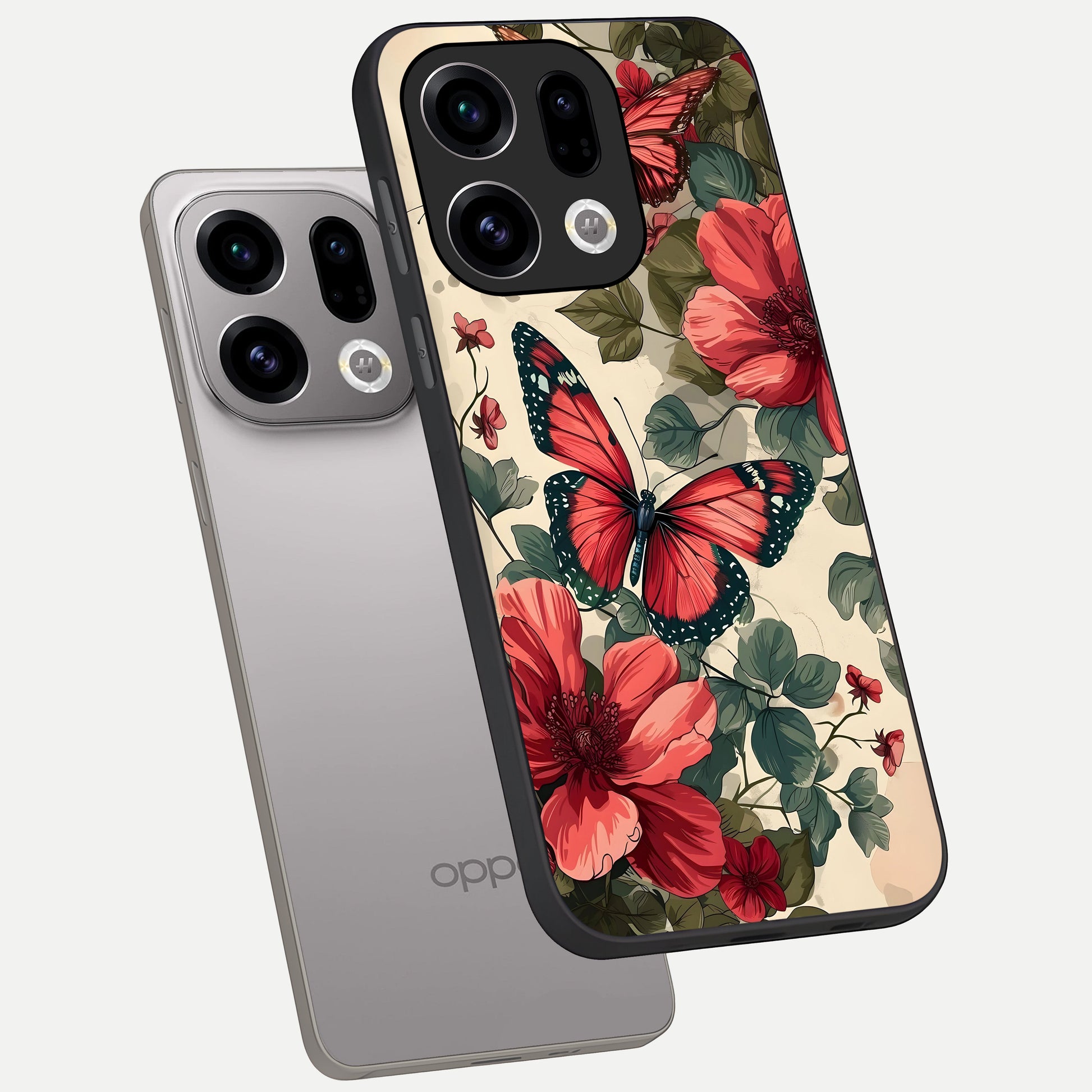  Crimson Butterfly Garden phone case For Oppo Find X9 showing premium glass back cover with detailed artwork