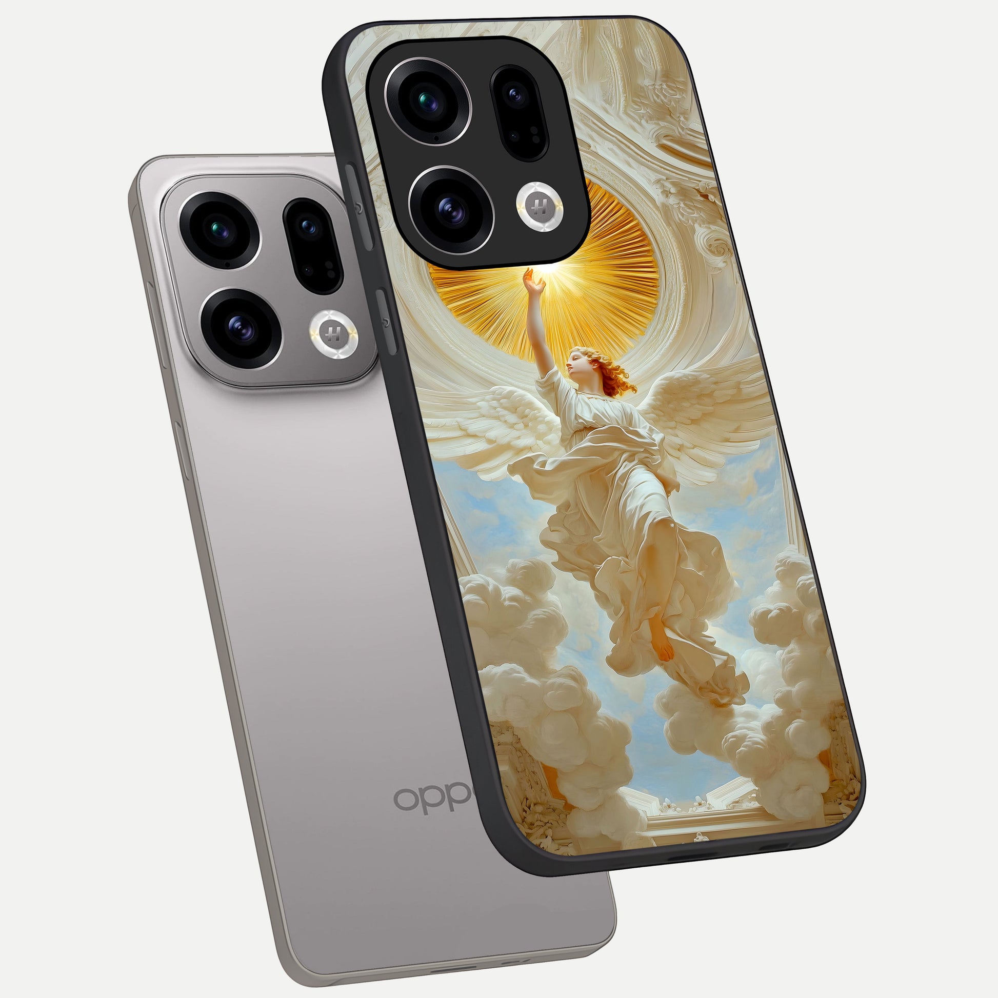  Divine Light Angel phone case For Oppo Find X9 showing premium glass back cover with detailed artwork