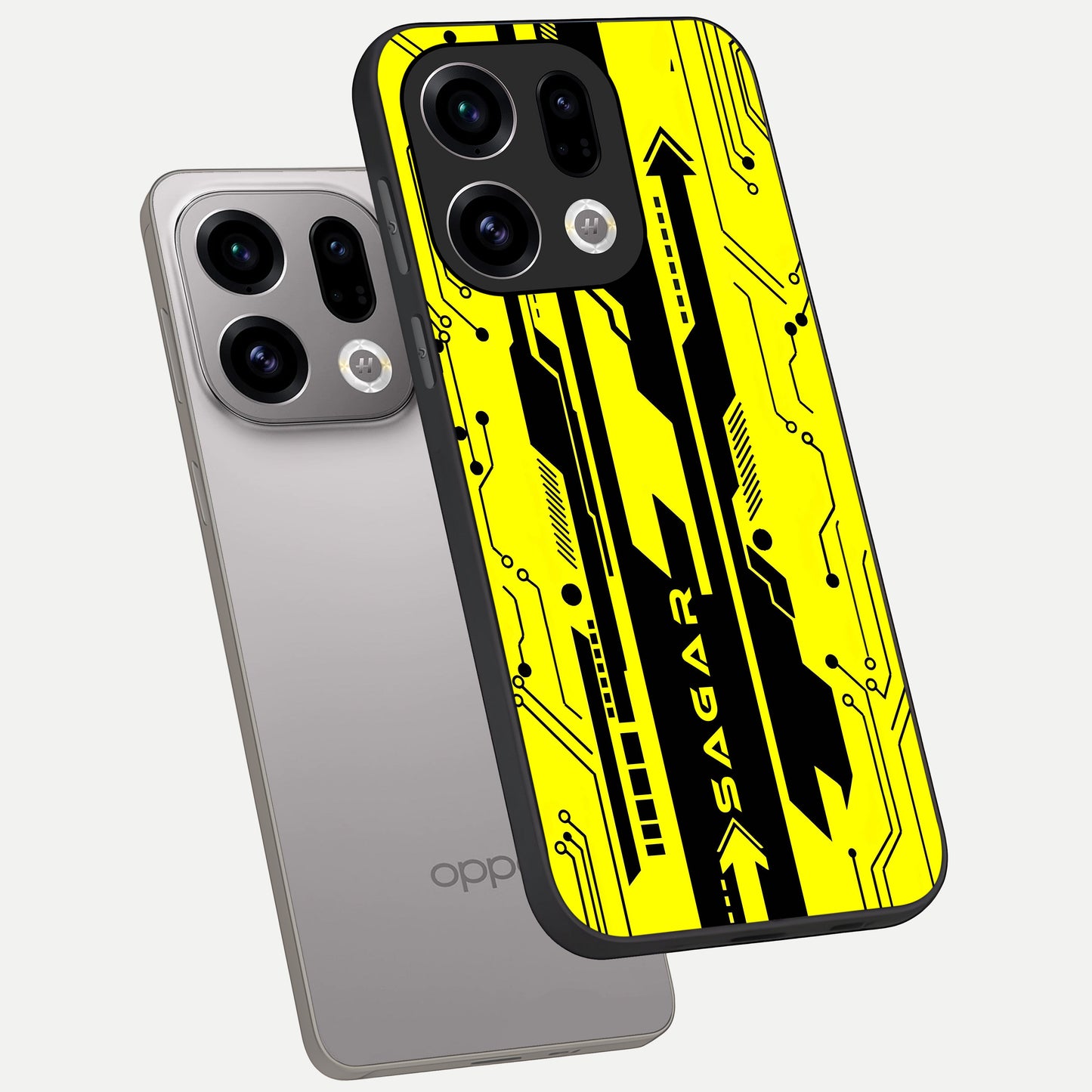  Electric Pulse CYBERPUNK Custom Name phone case For Oppo Find X9 showing premium glass back cover with detailed artwork