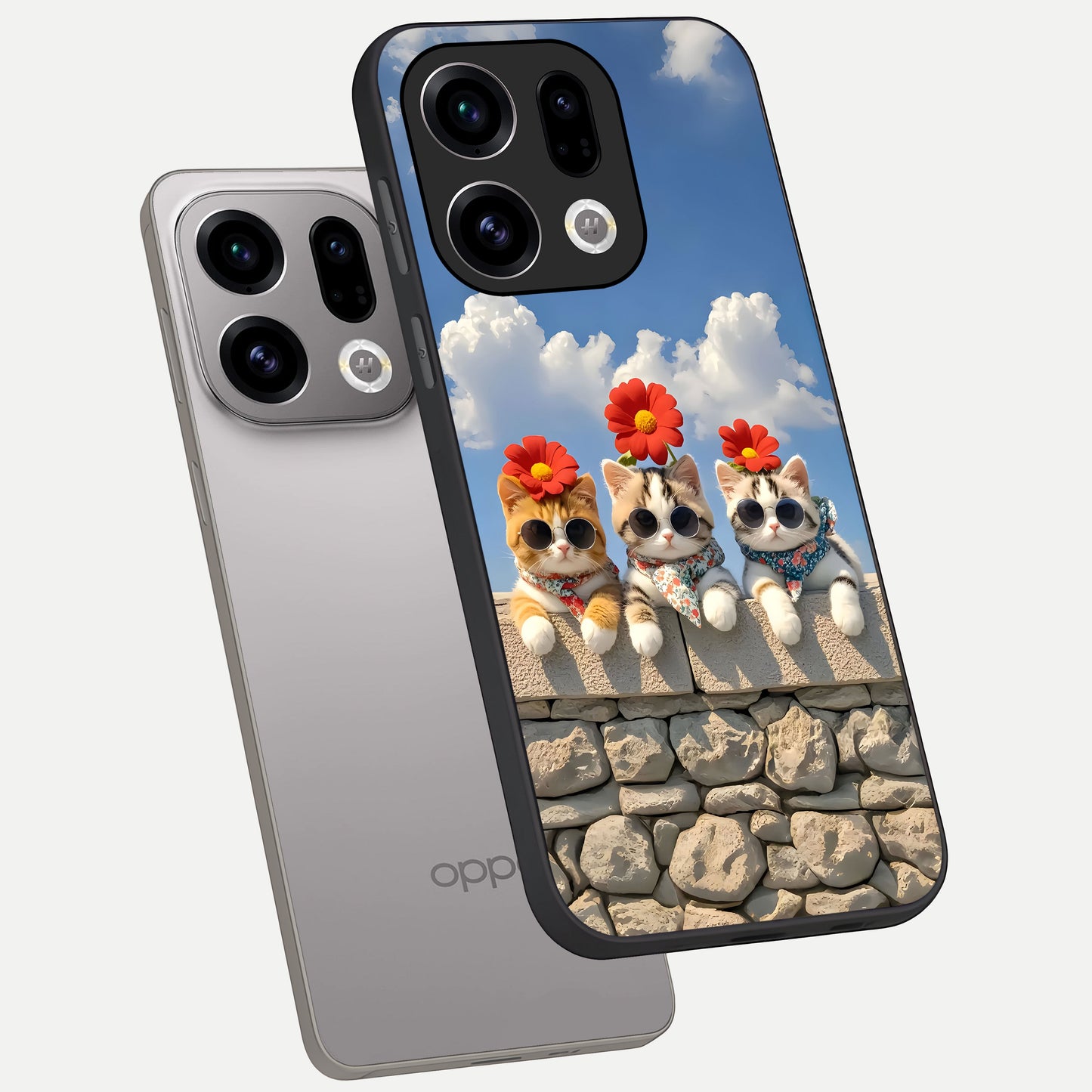  Floral Kitty Squad phone case For Oppo Find X9 showing premium glass back cover with detailed artwork