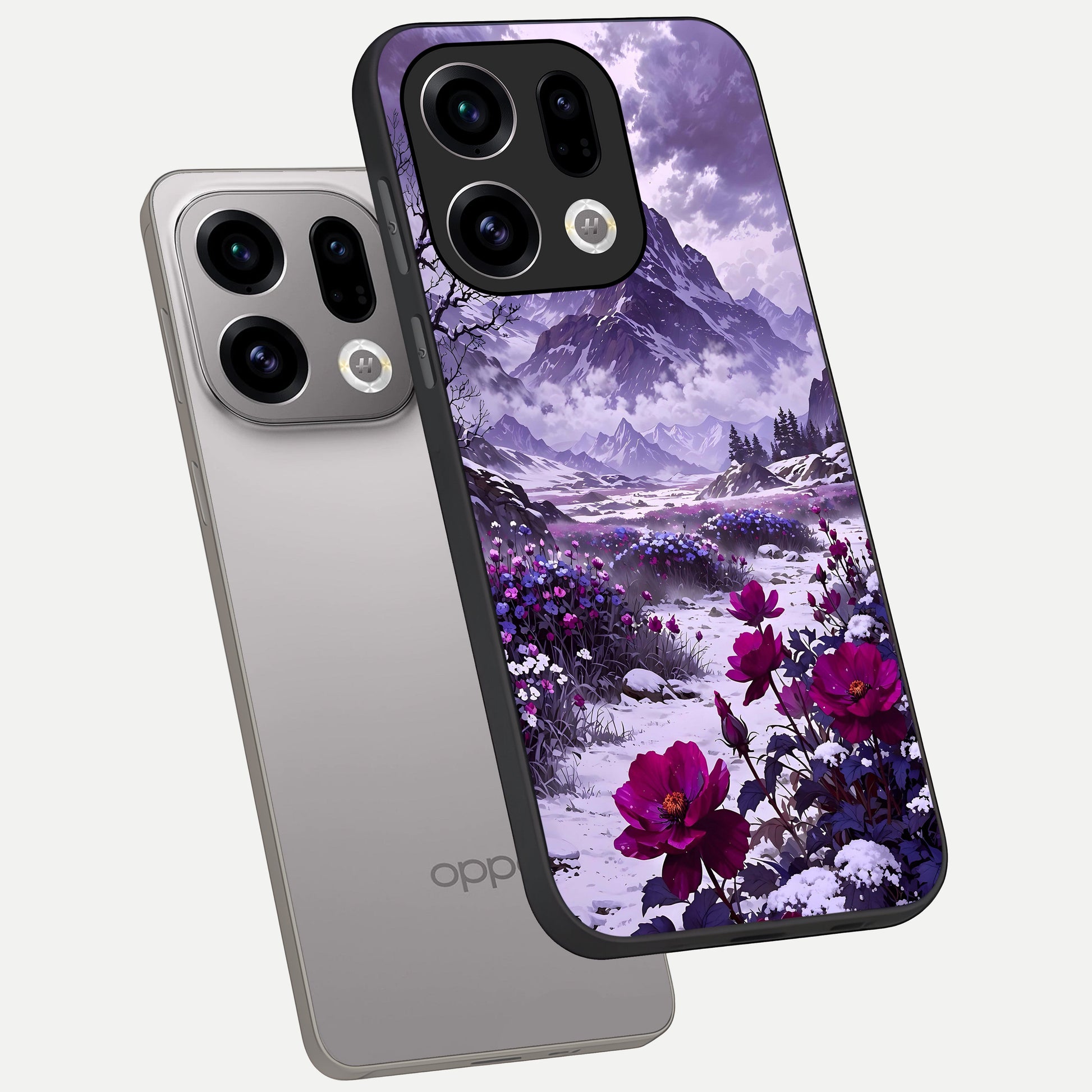  Flower Mountain View phone case For Oppo Find X9 showing premium glass back cover with detailed artwork