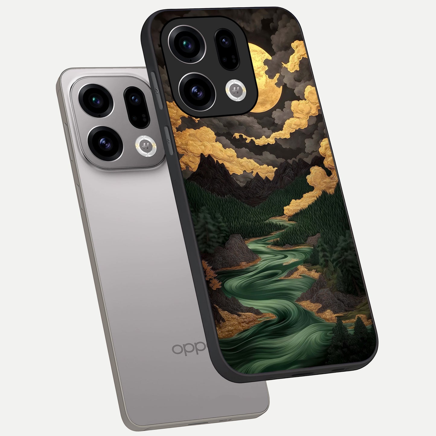  Golden River Moon phone case For Oppo Find X9 showing premium glass back cover with detailed artwork