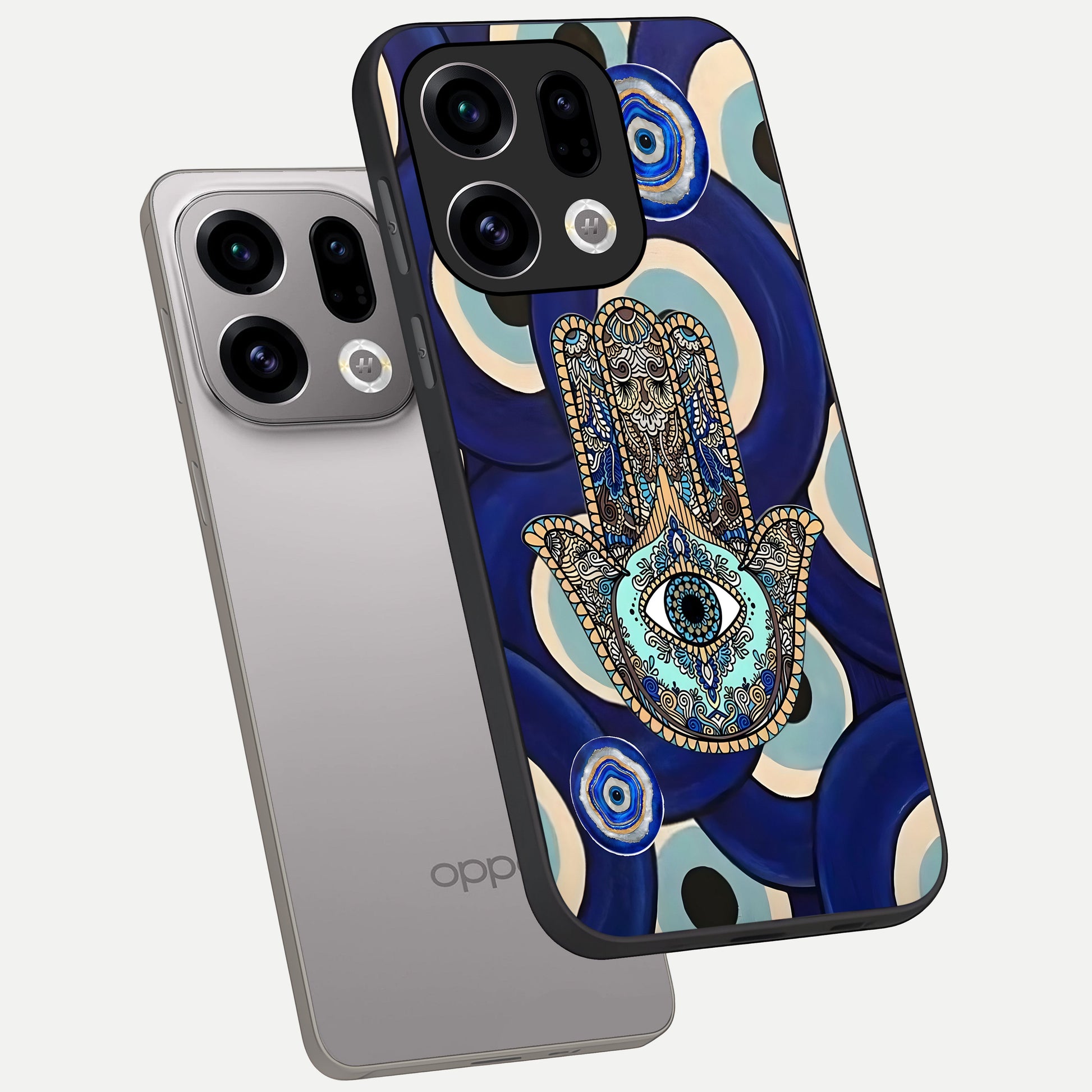  Hamsa Divine Guard phone case For Oppo Find X9 showing premium glass back cover with detailed artwork