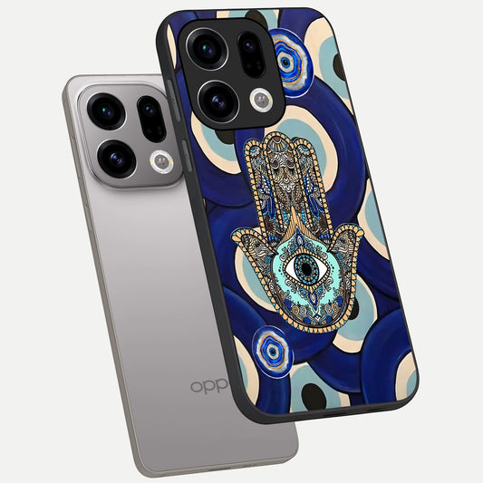  Hamsa Divine Guard phone case For Oppo Find X9 showing premium glass back cover with detailed artwork