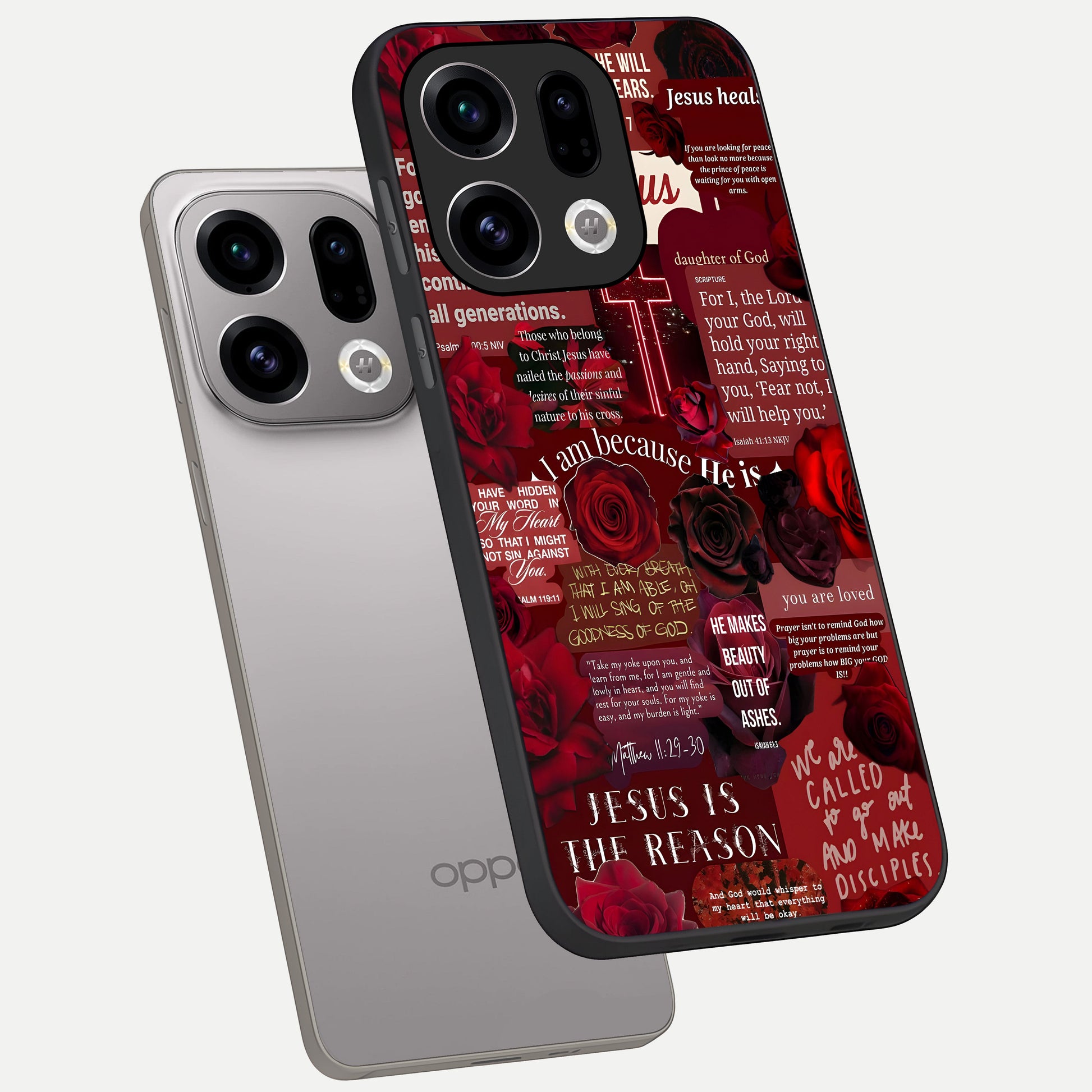  Jesus Love Heals phone case For Oppo Find X9 showing premium glass back cover with detailed artwork