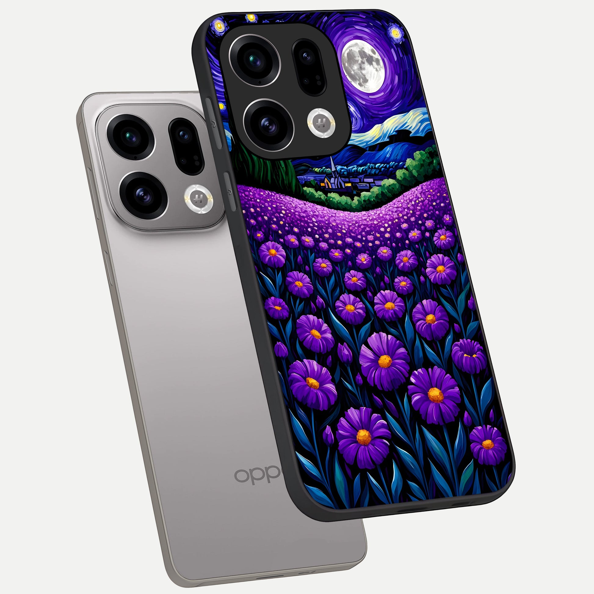  Lavender Moon Field phone case For Oppo Find X9 showing premium glass back cover with detailed artwork