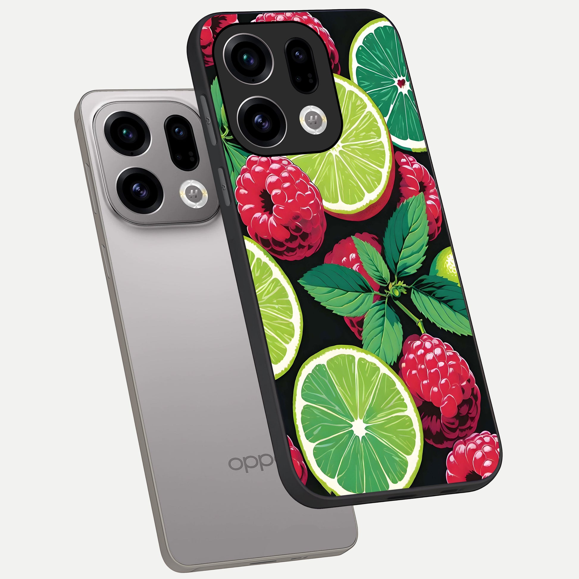  Lime and Raspberry Pattern phone case For Oppo Find X9 showing premium glass back cover with detailed artwork