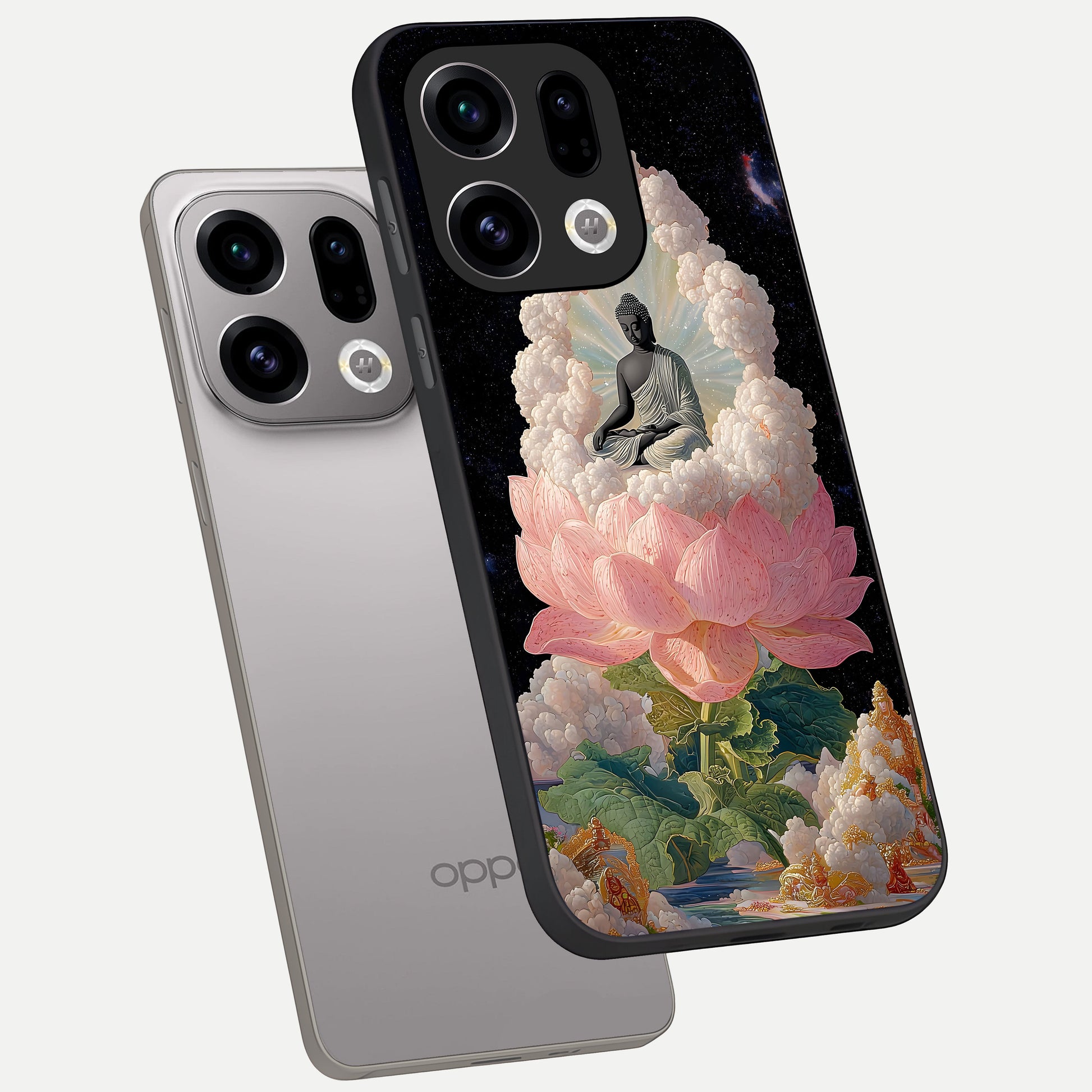  Lotus Divine Peace phone case For Oppo Find X9 showing premium glass back cover with detailed artwork
