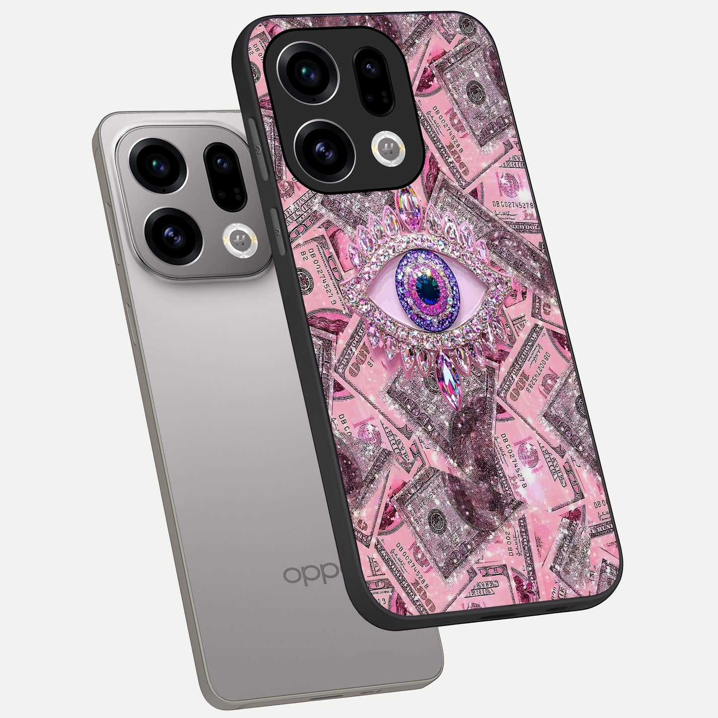  Money Eye Luxe phone case For Oppo Find X9 showing premium glass back cover with detailed artwork