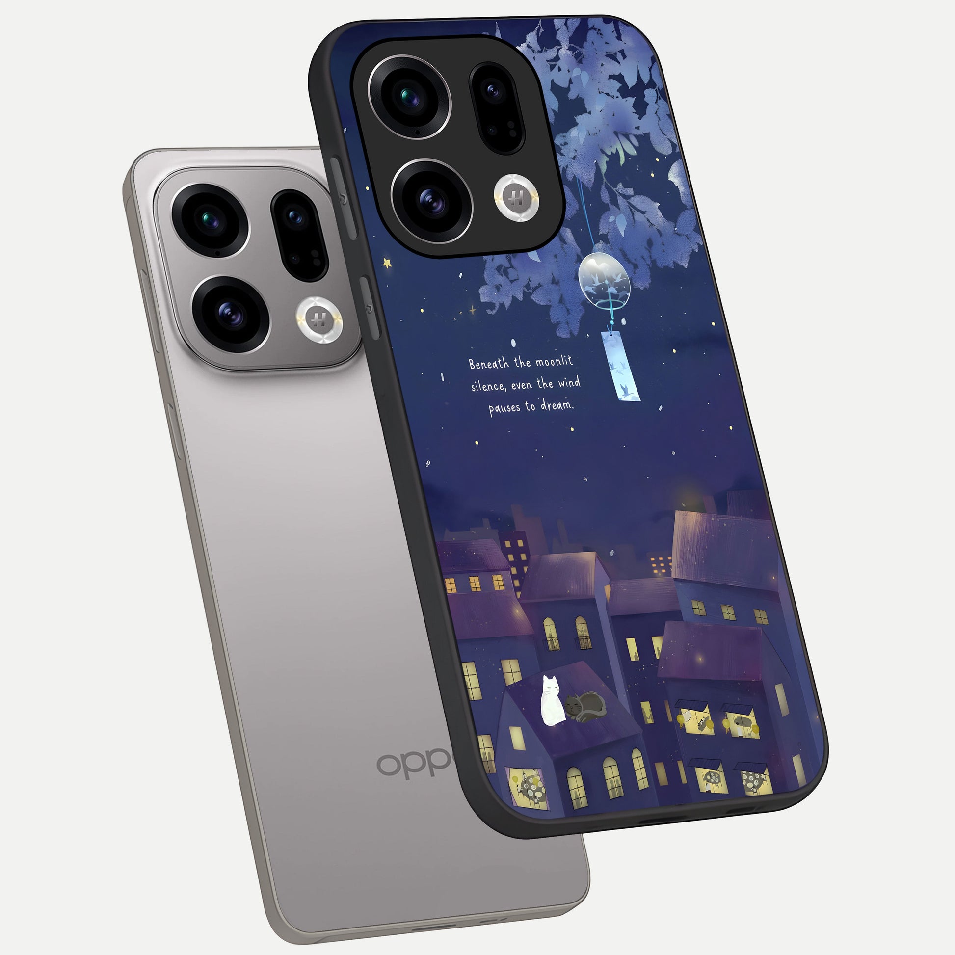  Moonlit Cat Silence phone case For Oppo Find X9 showing premium glass back cover with detailed artwork
