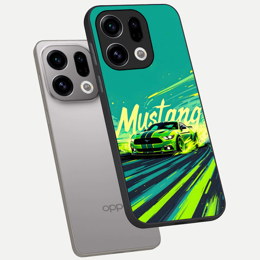  Mustang Bang phone case For Oppo Find X9 showing premium glass back cover with detailed artwork