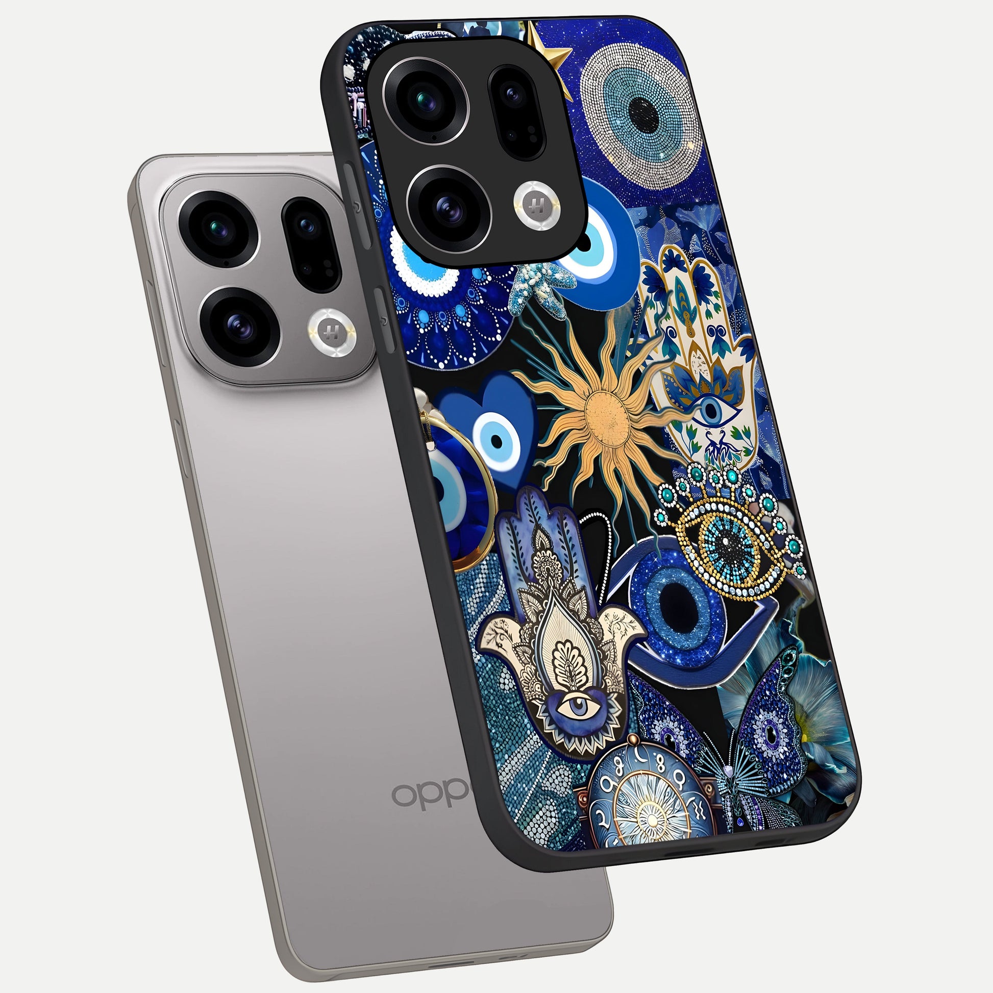  Mystic Blue Evil Eye phone case For Oppo Find X9 showing premium glass back cover with detailed artwork