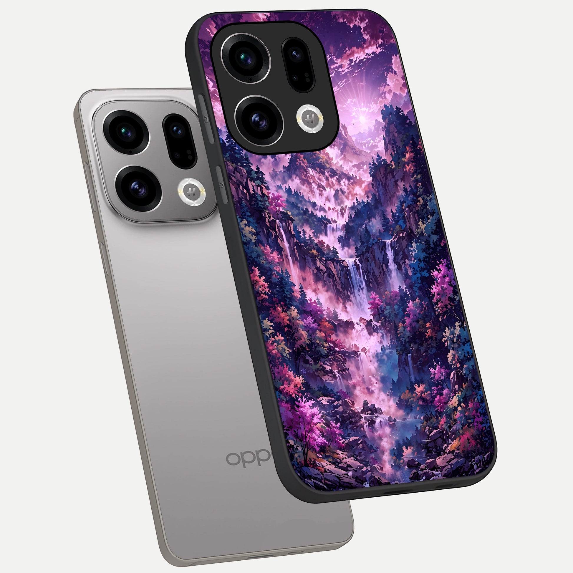  Mystic Cascade Peaks phone case For Oppo Find X9 showing premium glass back cover with detailed artwork